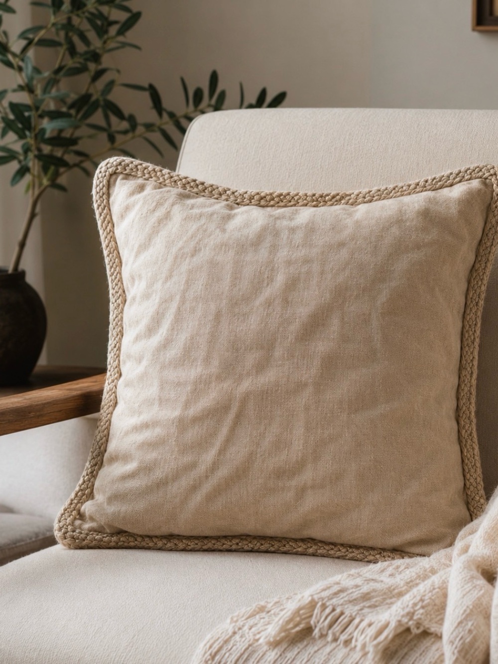 Pottery Barn 100% Linen Pillow Cover 20"x 20” Cream Braided Jute Trim zipper